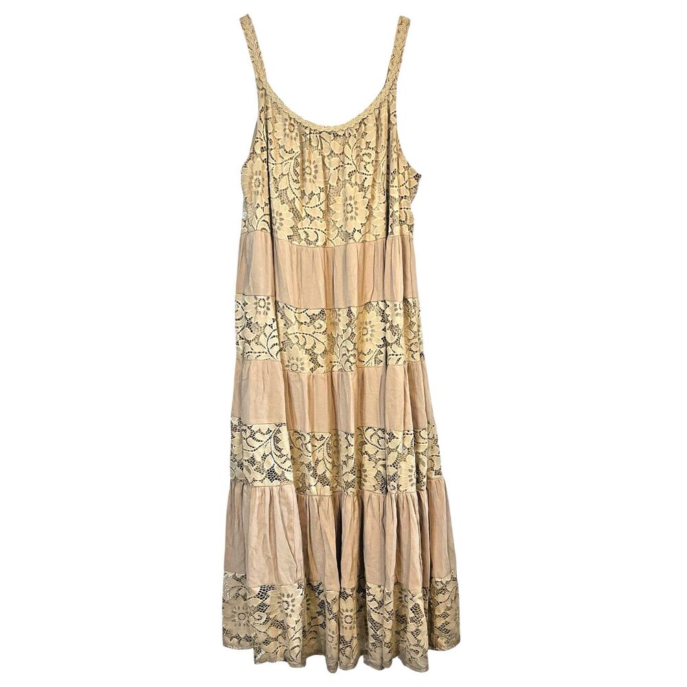 Lace Tiered Maxi Dress XL Flowing Romantic Resort Boho Neutral Statement Luxe
